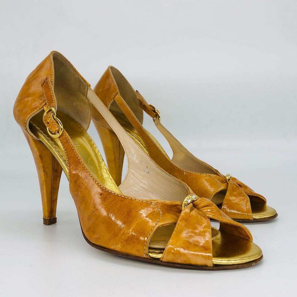 Mariano Renzi High Heel Open Toe Cut Out Bedazzled Shoes in Orange Tan